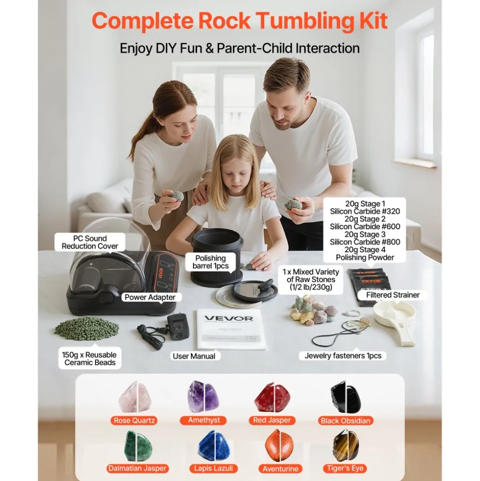 VEVOR Rock Tumbler, 1 lb Rock Polishing Machine, Rocks Tumbling Kit with 4-Speed Adjustment, 1–9 Day Timer, PC Sound Reduction Cover & TPU Drum, Direct Drive Motor Rocks Polishing, Quiet Operation