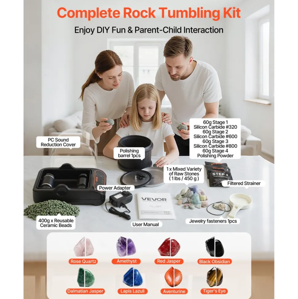 VEVOR Rock Tumbler, 3 lb Rock Polishing Machine, Rocks Tumbling Kit with 4-Speed Adjustment, 1–9 Day Timer, PC Sound Reduction Cover & TPU Drum, Direct Drive Motor Rocks Polishing, Quiet Operation
