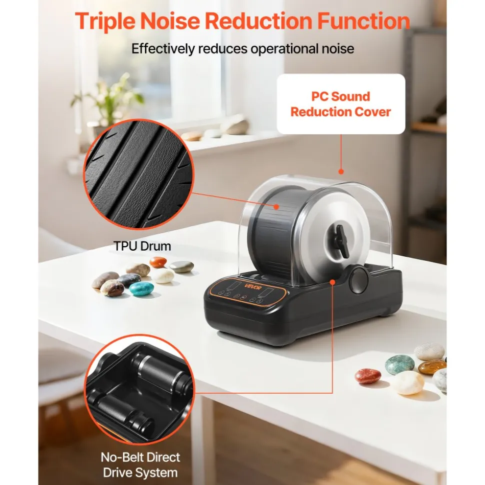 VEVOR Rock Tumbler, 3 lb Rock Polishing Machine, Rocks Tumbling Kit with 4-Speed Adjustment, 1–9 Day Timer, PC Sound Reduction Cover & TPU Drum, Direct Drive Motor Rocks Polishing, Quiet Operation