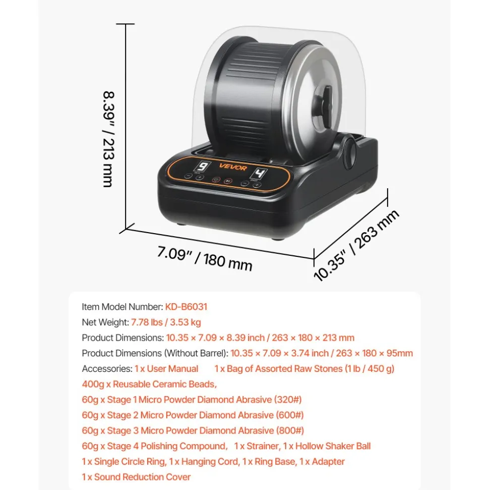 VEVOR Rock Tumbler, 3 lb Rock Polishing Machine, Rocks Tumbling Kit with 4-Speed Adjustment, 1–9 Day Timer, PC Sound Reduction Cover & TPU Drum, Direct Drive Motor Rocks Polishing, Quiet Operation