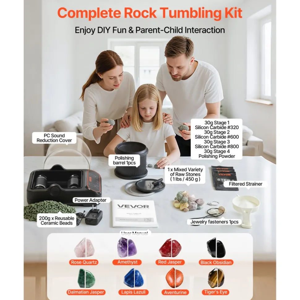 VEVOR Rock Tumbler, 2 lb Rock Polishing Machine, Rocks Tumbling Kit with 4-Speed Adjustment, 1–9 Day Timer, PC Sound Reduction Cover & TPU Drum, Direct Drive Motor Rocks Polishing, Quiet Operation