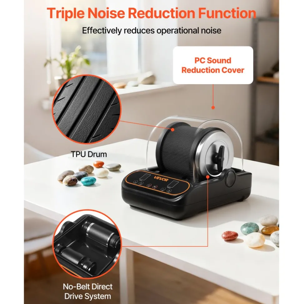 VEVOR Rock Tumbler, 2 lb Rock Polishing Machine, Rocks Tumbling Kit with 4-Speed Adjustment, 1–9 Day Timer, PC Sound Reduction Cover & TPU Drum, Direct Drive Motor Rocks Polishing, Quiet Operation