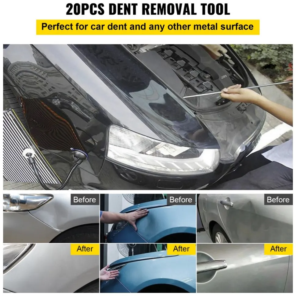 VEVOR Rods Dent Removal Kit, 20 Pcs Paintless Dent Repair Rods, Stainless Steel Dent Rods, Whale Tail Dent Repair Tools, Professional Hail Dent Removal Tool For Minor Dents, Door Dings And Hail Damage
