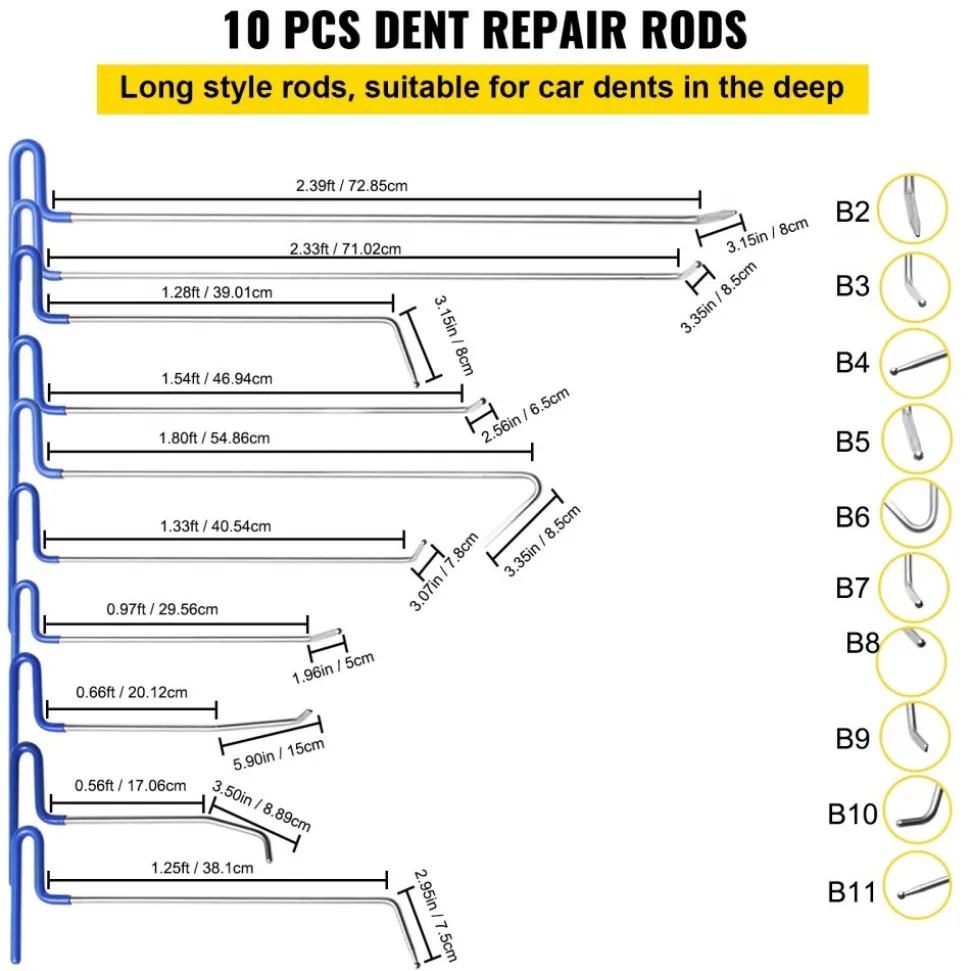 VEVOR Rods Dent Removal Kit, 20 Pcs Paintless Dent Repair Rods, Stainless Steel Dent Rods, Whale Tail Dent Repair Tools, Professional Hail Dent Removal Tool For Minor Dents, Door Dings And Hail Damage