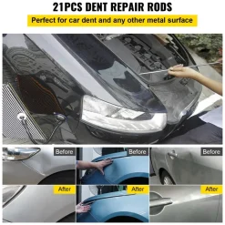 VEVOR Rods Dent Removal Kit, 21 Pcs Paintless Dent Repair Rods, Stainless Steel Dent Rods, Whale Tail Dent Repair Tools, Professional Hail Dent Removal Tool For Minor Dents, Door Dings And Hail Damage