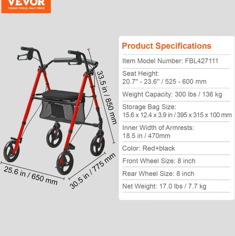 VEVOR Rollator Walker for Seniors and Adult, Lightweight Aluminum Foldable Rolling Walker with Adjustable Seat and Handle, Outdoor Mobility Rollator Walker with 8" All Terrain Wheels, 300LBS Capacity