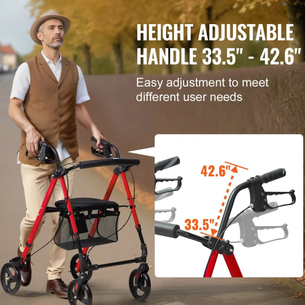 VEVOR Rollator Walker for Seniors and Adult, Lightweight Aluminum Foldable Rolling Walker with Adjustable Seat and Handle, Outdoor Mobility Rollator Walker with 8" All Terrain Wheels, 300LBS Capacity