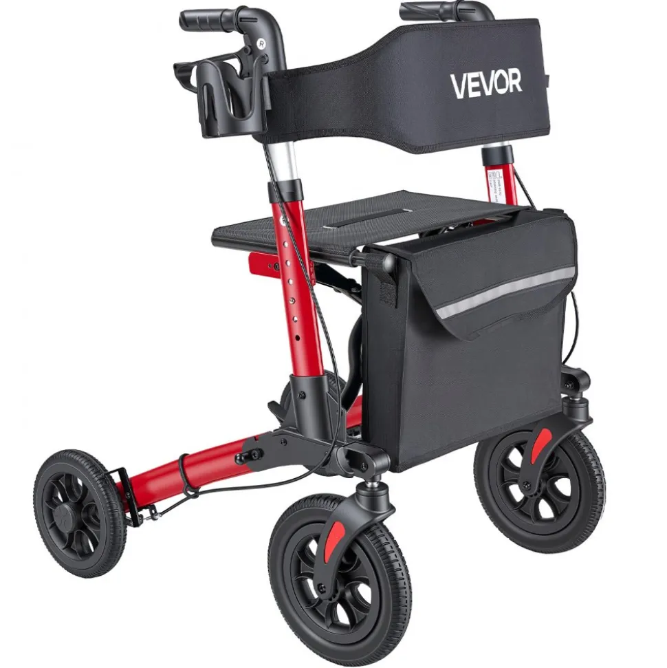VEVOR Rollator Walker with Seat for Seniors, Ultra Compact 3-Fold Rolling Walker, Lightweight Aluminum Mobility Walking Aid with PU Solid Wheels, Adjustable Handle, Cup & Cane Holder - Supports 300LBS