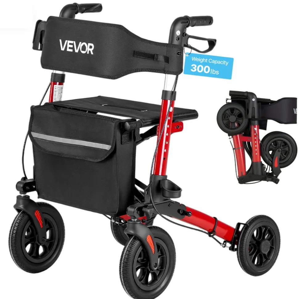 VEVOR Rollator Walker with Seat for Seniors, Ultra Compact 3-Fold Rolling Walker, Lightweight Aluminum Mobility Walking Aid with PU Solid Wheels, Adjustable Handle, Cup & Cane Holder - Supports 300LBS