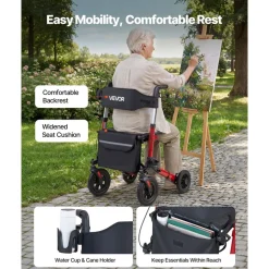 VEVOR Rollator Walker with Seat for Seniors, Ultra Compact 3-Fold Rolling Walker, Lightweight Aluminum Mobility Walking Aid with PU Solid Wheels, Adjustable Handle, Cup & Cane Holder - Supports 300LBS