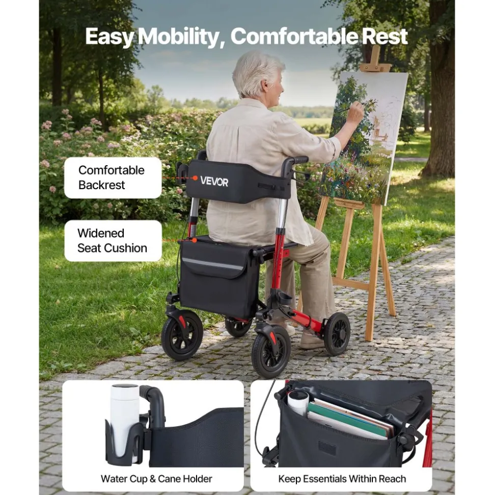 VEVOR Rollator Walker with Seat for Seniors, Ultra Compact 3-Fold Rolling Walker, Lightweight Aluminum Mobility Walking Aid with PU Solid Wheels, Adjustable Handle, Cup & Cane Holder - Supports 300LBS