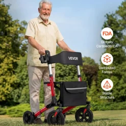 VEVOR Rollator Walker with Seat for Seniors, Ultra Compact 3-Fold Rolling Walker, Lightweight Aluminum Mobility Walking Aid with PU Solid Wheels, Adjustable Handle, Cup & Cane Holder - Supports 300LBS