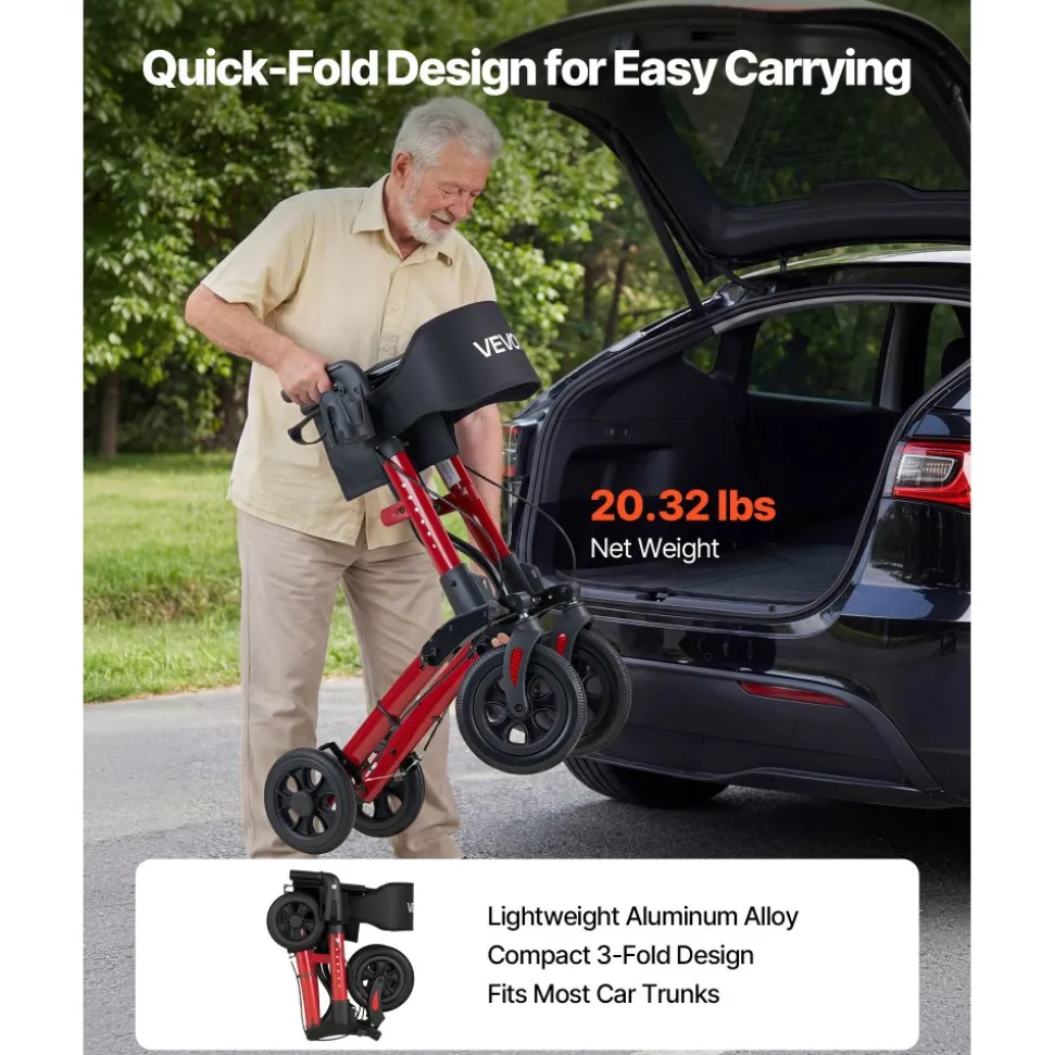 VEVOR Rollator Walker with Seat for Seniors, Ultra Compact 3-Fold Rolling Walker, Lightweight Aluminum Mobility Walking Aid with PU Solid Wheels, Adjustable Handle, Cup & Cane Holder - Supports 300LBS