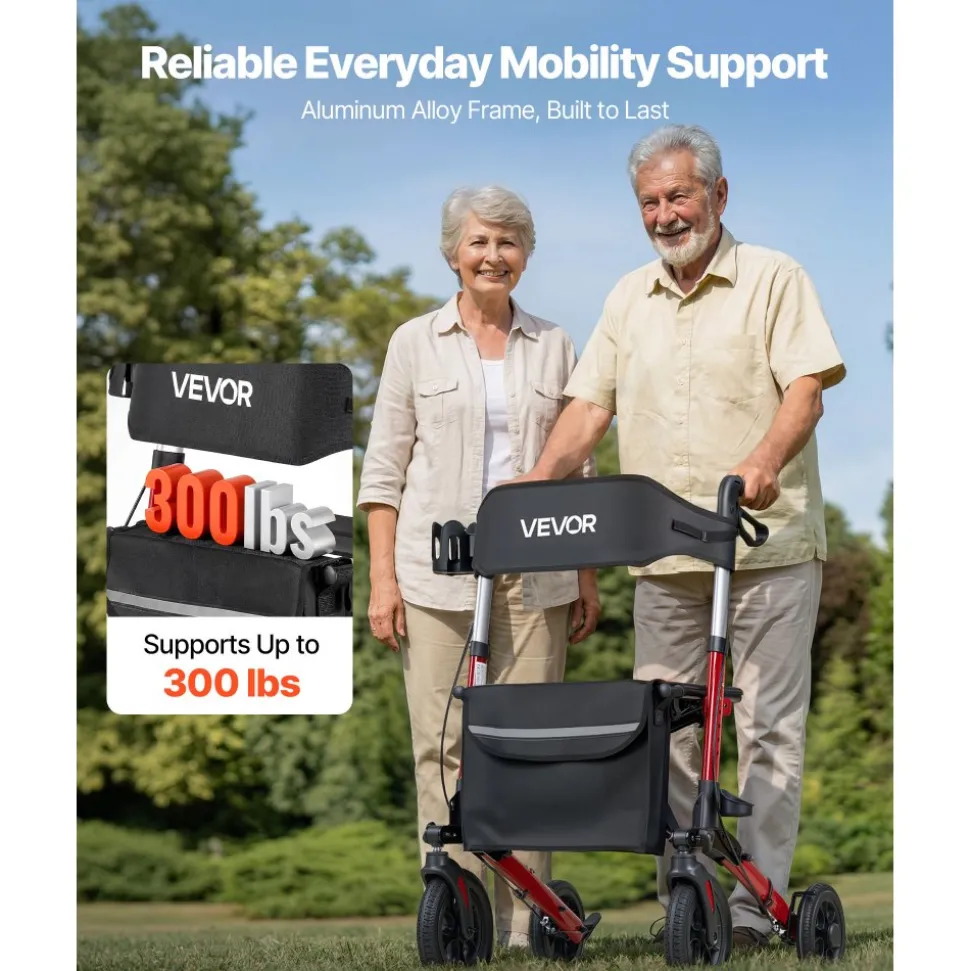 VEVOR Rollator Walker with Seat for Seniors, Ultra Compact 3-Fold Rolling Walker, Lightweight Aluminum Mobility Walking Aid with PU Solid Wheels, Adjustable Handle, Cup & Cane Holder - Supports 300LBS