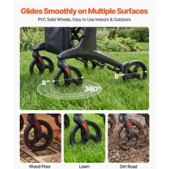 VEVOR Rollator Walker with Seat for Seniors, Foldable Lightweight Rolling Walker, Carbon Fiber Mobility Walking Aid with 8" Solid PVC Wheels and Adjustable Handle - Supports up to 300LBS