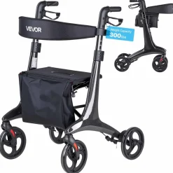 VEVOR Rollator Walker with Seat for Seniors, Foldable Lightweight Rolling Walker, Carbon Fiber Mobility Walking Aid with 8" Solid PVC Wheels and Adjustable Handle - Supports up to 300LBS