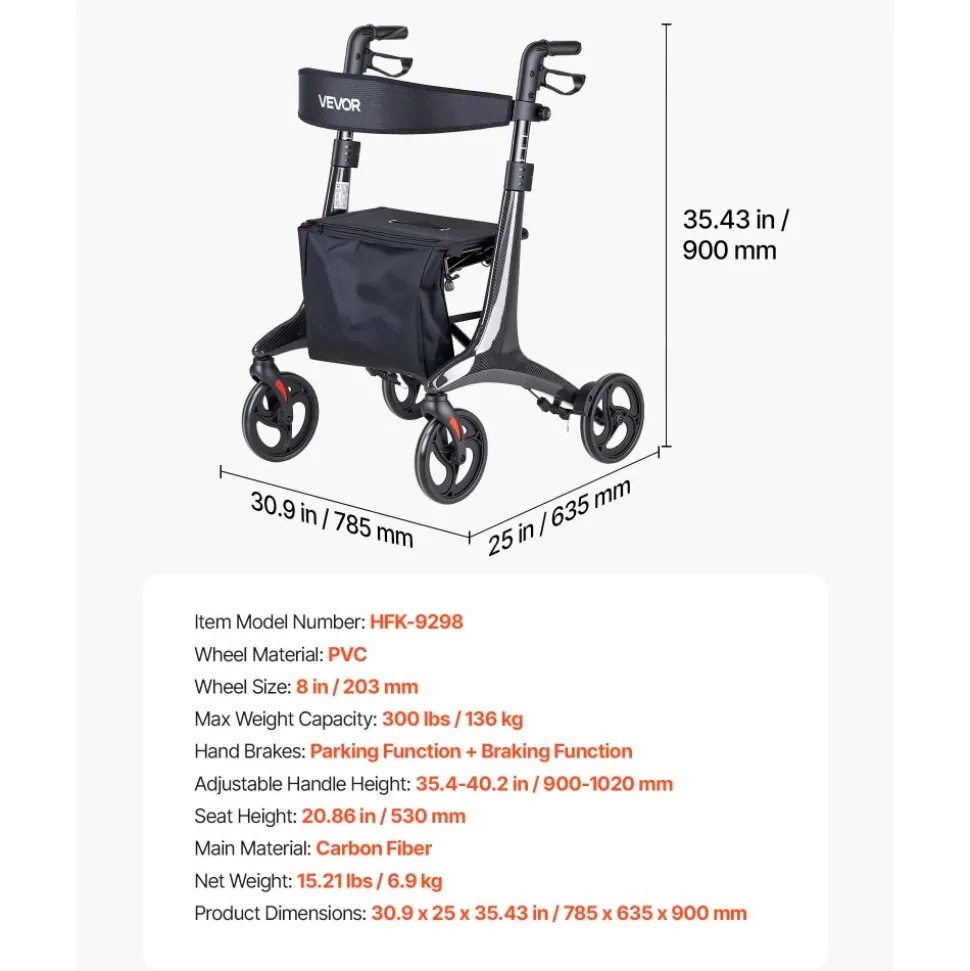 VEVOR Rollator Walker with Seat for Seniors, Foldable Lightweight Rolling Walker, Carbon Fiber Mobility Walking Aid with 8" Solid PVC Wheels and Adjustable Handle - Supports up to 300LBS
