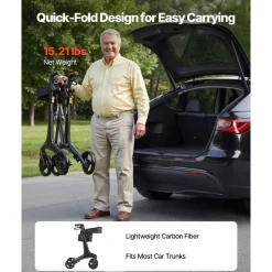 VEVOR Rollator Walker with Seat for Seniors, Foldable Lightweight Rolling Walker, Carbon Fiber Mobility Walking Aid with 8