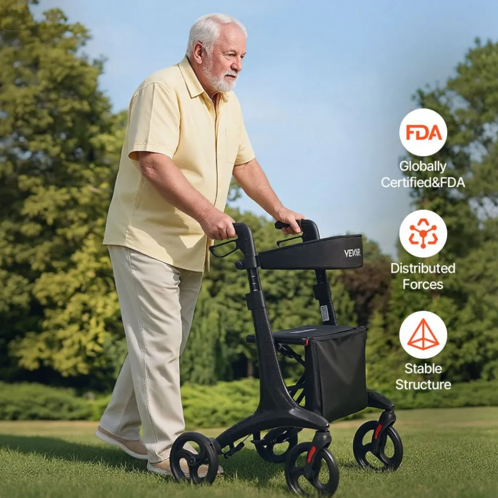 VEVOR Rollator Walker with Seat for Seniors, Foldable Lightweight Rolling Walker, Carbon Fiber Mobility Walking Aid with 8" Solid PVC Wheels and Adjustable Handle - Supports up to 300LBS