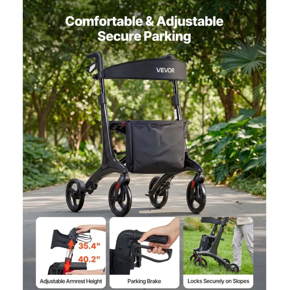 VEVOR Rollator Walker with Seat for Seniors, Foldable Lightweight Rolling Walker, Carbon Fiber Mobility Walking Aid with 8" Solid PVC Wheels and Adjustable Handle - Supports up to 300LBS