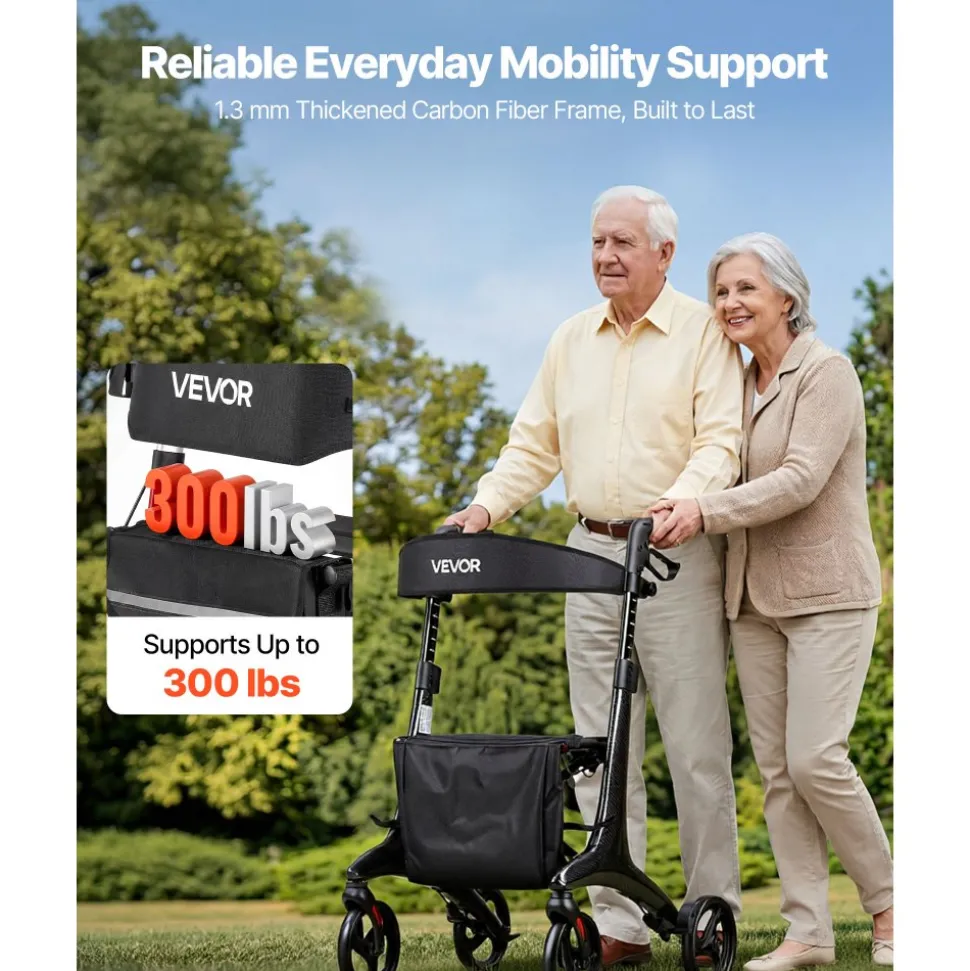 VEVOR Rollator Walker with Seat for Seniors, Foldable Lightweight Rolling Walker, Carbon Fiber Mobility Walking Aid with 8" Solid PVC Wheels and Adjustable Handle - Supports up to 300LBS