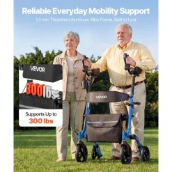 VEVOR Rollator Walker with Seat for Seniors, Foldable Rolling Walker, Lightweight Aluminum Mobility Walking Aid with PU Solid Wheels, Adjustable Handle, Storage Bag, Cup/Cane Holder - Supports 300LBS
