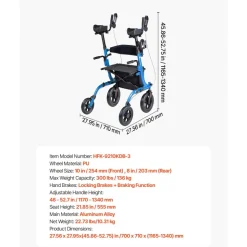 VEVOR Rollator Walker with Seat for Seniors, Foldable Rolling Walker, Lightweight Aluminum Mobility Walking Aid with PU Solid Wheels, Adjustable Handle, Storage Bag, Cup/Cane Holder - Supports 300LBS