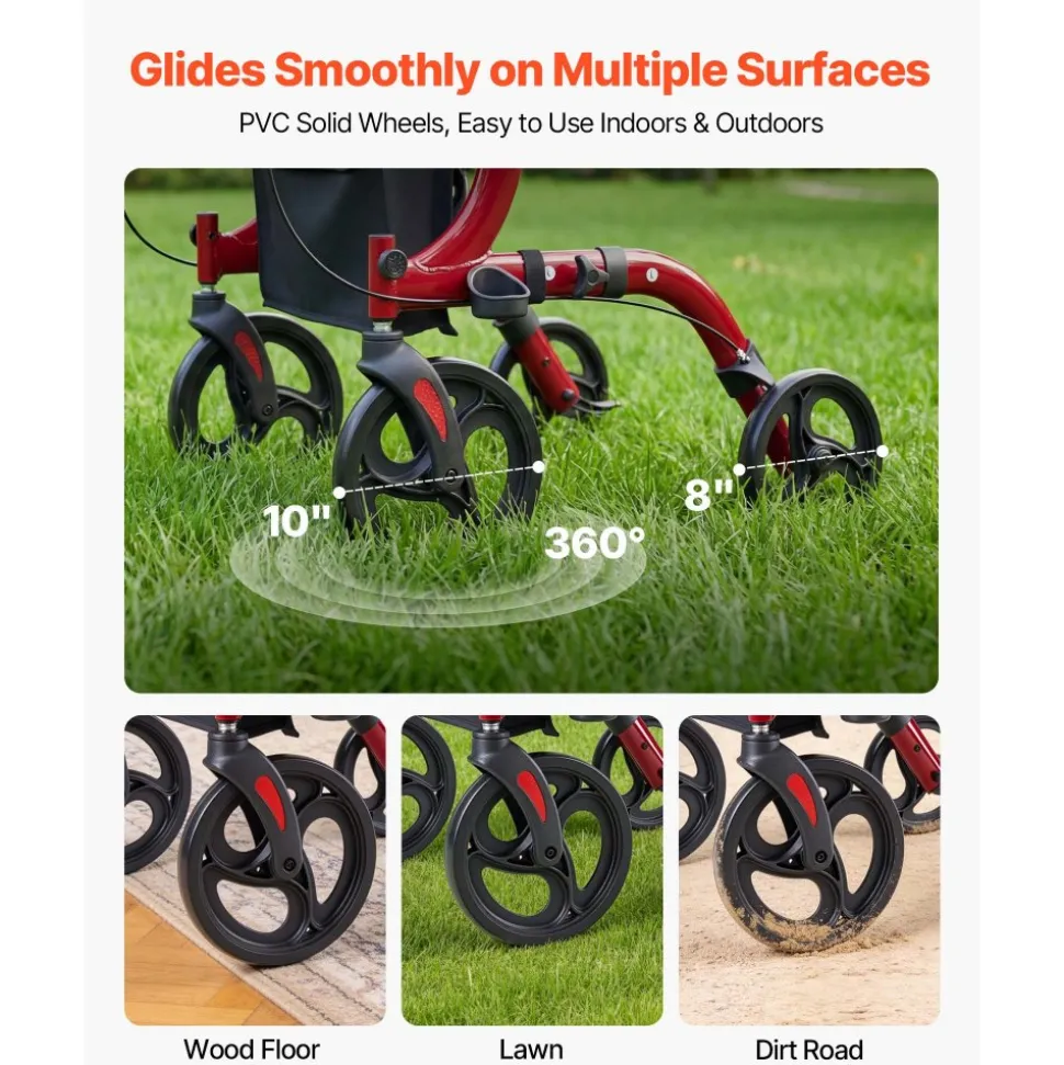 VEVOR Rollator Walker with Seat for Seniors, Ultra Compact 3-Fold Rolling Walker, Lightweight Aluminum Mobility Walking Aid with PU Solid Wheels, Adjustable Handle, Cup & Cane Holder - Supports 300LBS