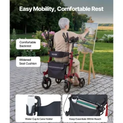 VEVOR Rollator Walker with Seat for Seniors, Ultra Compact 3-Fold Rolling Walker, Lightweight Aluminum Mobility Walking Aid with PU Solid Wheels, Adjustable Handle, Cup & Cane Holder - Supports 300LBS