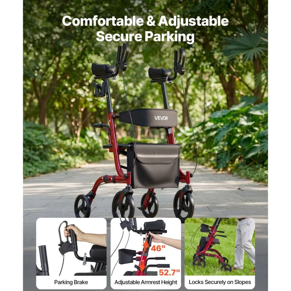 VEVOR Rollator Walker with Seat for Seniors, Ultra Compact 3-Fold Rolling Walker, Lightweight Aluminum Mobility Walking Aid with PU Solid Wheels, Adjustable Handle, Cup & Cane Holder - Supports 300LBS