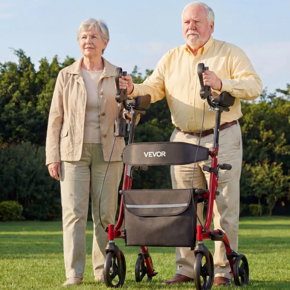 VEVOR Rollator Walker with Seat for Seniors, Ultra Compact 3-Fold Rolling Walker, Lightweight Aluminum Mobility Walking Aid with PU Solid Wheels, Adjustable Handle, Cup & Cane Holder - Supports 300LBS