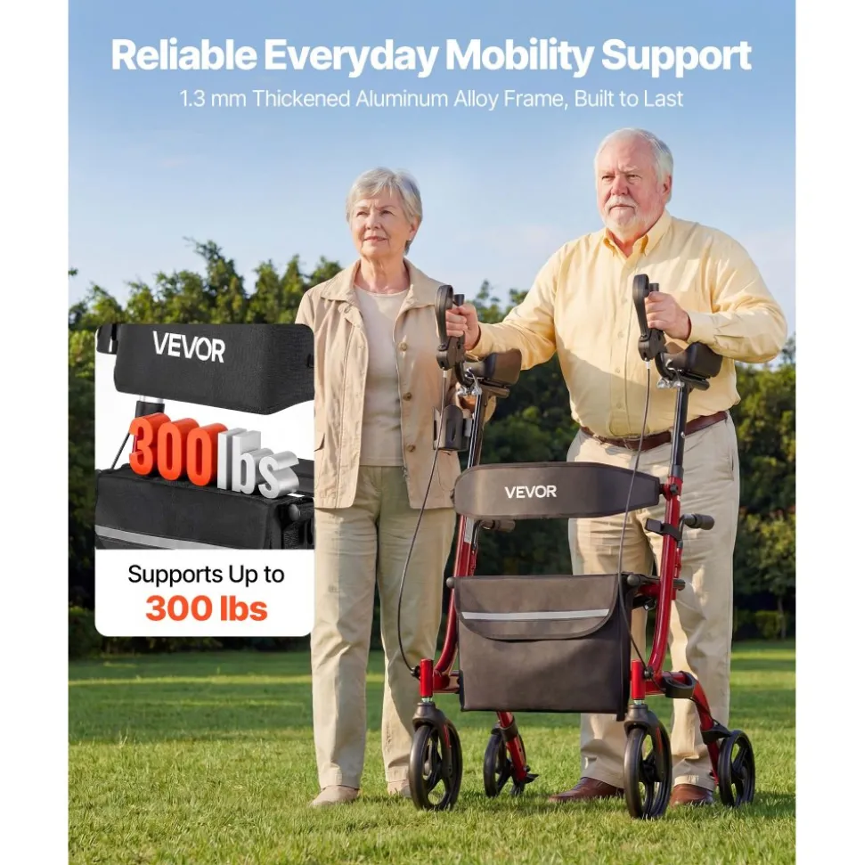 VEVOR Rollator Walker with Seat for Seniors, Ultra Compact 3-Fold Rolling Walker, Lightweight Aluminum Mobility Walking Aid with PU Solid Wheels, Adjustable Handle, Cup & Cane Holder - Supports 300LBS