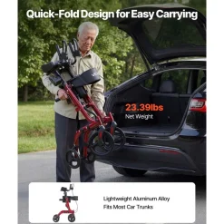 VEVOR Rollator Walker with Seat for Seniors, Ultra Compact 3-Fold Rolling Walker, Lightweight Aluminum Mobility Walking Aid with PU Solid Wheels, Adjustable Handle, Cup & Cane Holder - Supports 300LBS