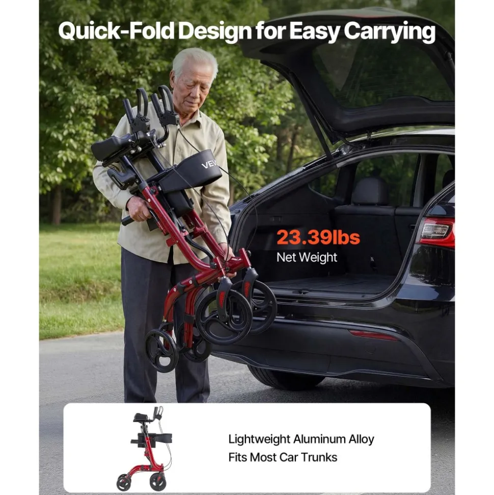 VEVOR Rollator Walker with Seat for Seniors, Ultra Compact 3-Fold Rolling Walker, Lightweight Aluminum Mobility Walking Aid with PU Solid Wheels, Adjustable Handle, Cup & Cane Holder - Supports 300LBS