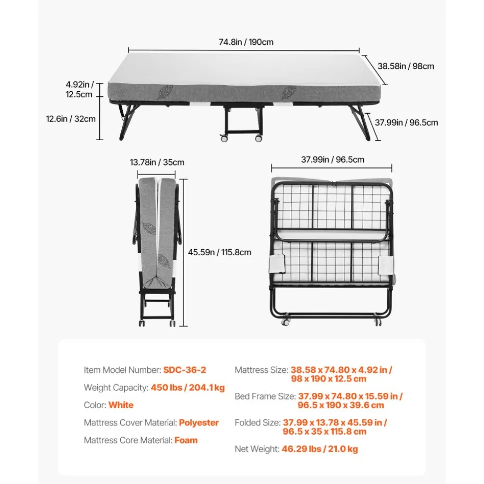 VEVOR Rollaway Bed, 38 in x 75 in Folding Bed with 5 in Mattress, Twin Size Foldable Bed with Sturdy Metal Frame & Memory Foam Mattress, Portable Twin Roll Away Bed with Mattress, for Adults, Guest