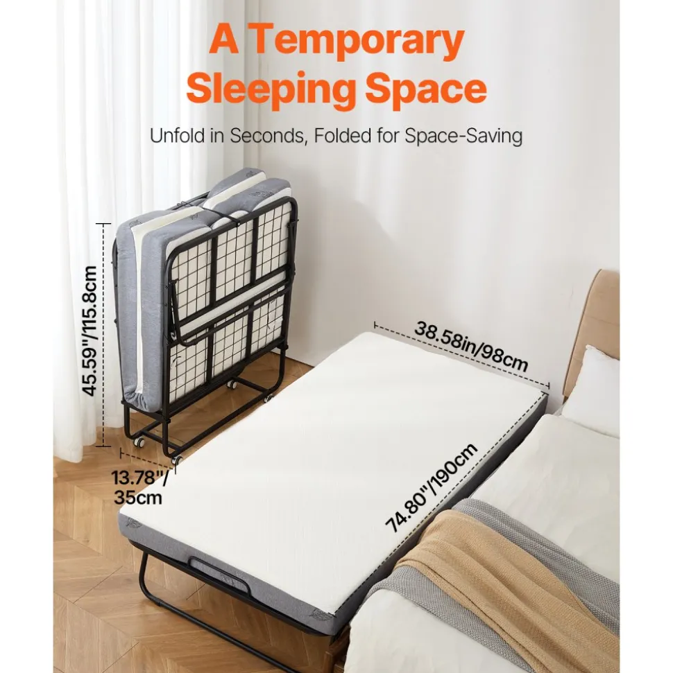 VEVOR Rollaway Bed, 38 in x 75 in Folding Bed with 5 in Mattress, Twin Size Foldable Bed with Sturdy Metal Frame & Memory Foam Mattress, Portable Twin Roll Away Bed with Mattress, for Adults, Guest