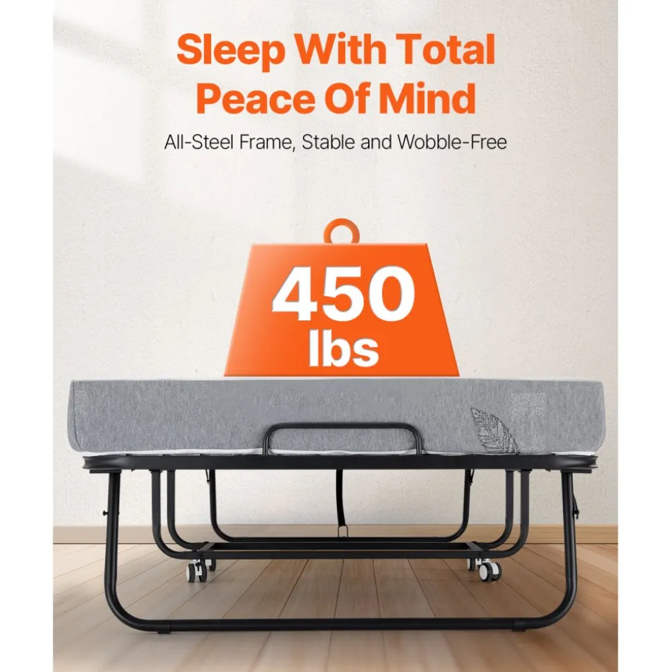 VEVOR Rollaway Bed, 38 in x 75 in Folding Bed with 5 in Mattress, Twin Size Foldable Bed with Sturdy Metal Frame & Memory Foam Mattress, Portable Twin Roll Away Bed with Mattress, for Adults, Guest