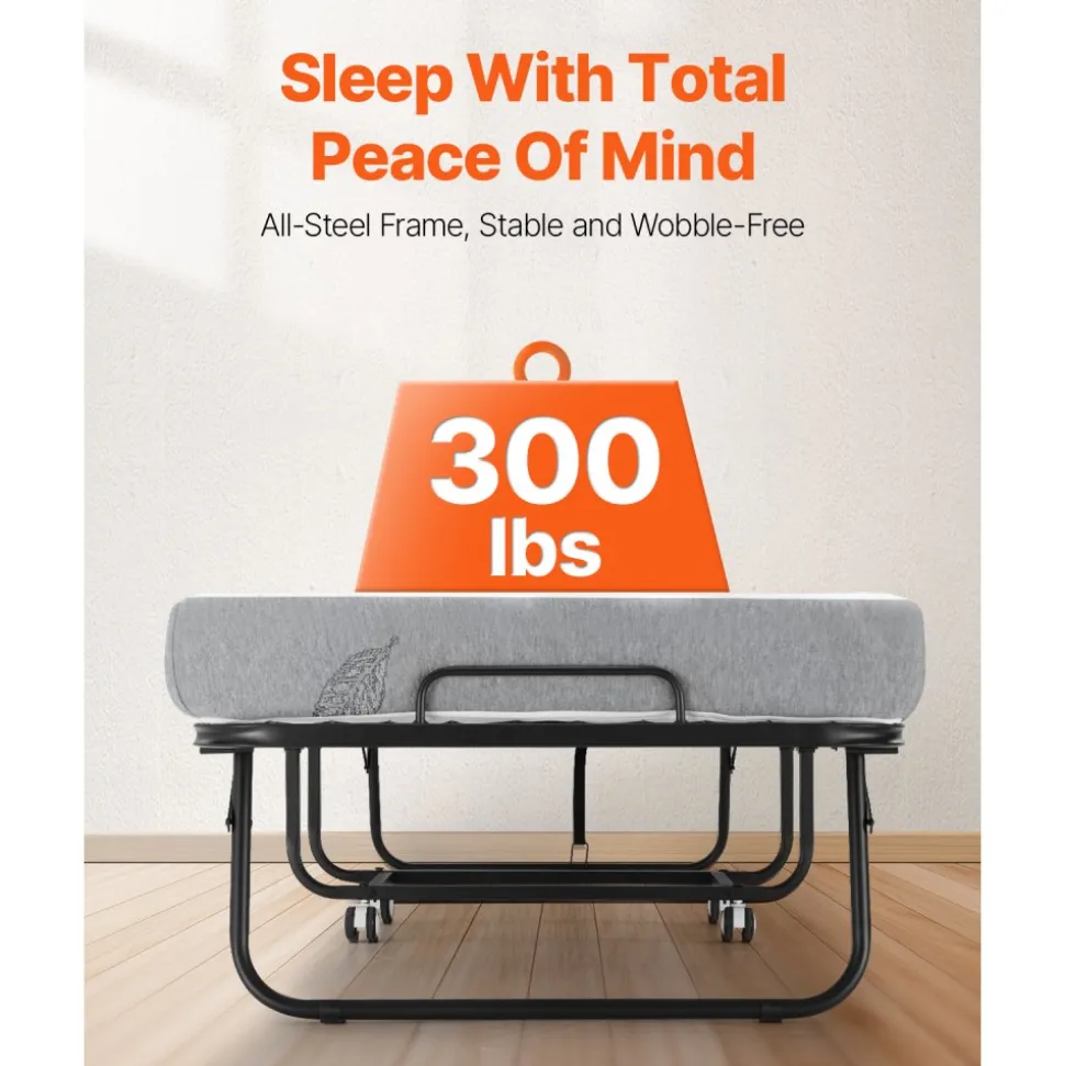 VEVOR Rollaway Bed, 31 in x 75 in Folding Bed with 5 in Mattress, Twin Size Foldable Bed with Sturdy Metal Frame & Memory Foam Mattress, Portable Twin Roll Away Bed with Mattress, for Adults, Guest
