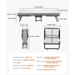 VEVOR Rollaway Bed, 31 in x 75 in Folding Bed with 5 in Mattress, Twin Size Foldable Bed with Sturdy Metal Frame & Memory Foam Mattress, Portable Twin Roll Away Bed with Mattress, for Adults, Guest