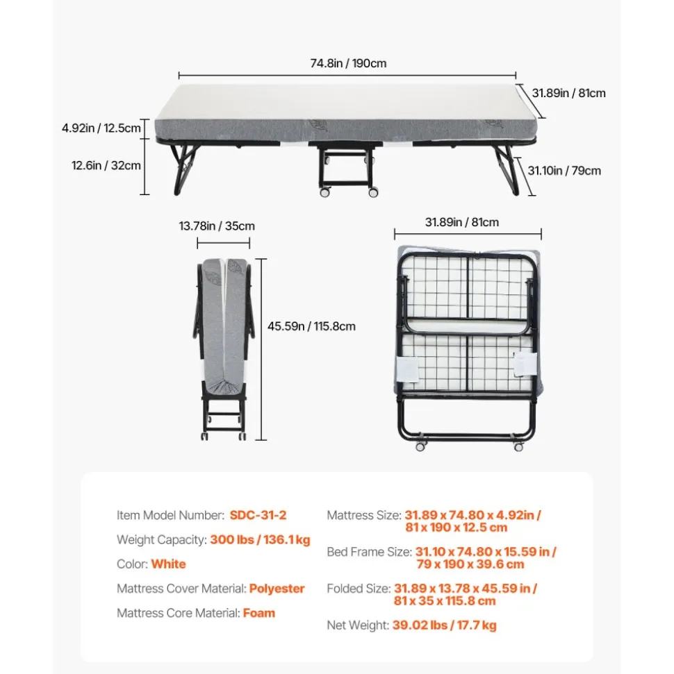 VEVOR Rollaway Bed, 31 in x 75 in Folding Bed with 5 in Mattress, Twin Size Foldable Bed with Sturdy Metal Frame & Memory Foam Mattress, Portable Twin Roll Away Bed with Mattress, for Adults, Guest