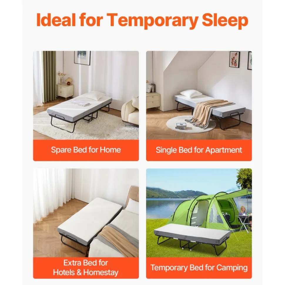 VEVOR Rollaway Bed, 31 in x 75 in Folding Bed with 5 in Mattress, Twin Size Foldable Bed with Sturdy Metal Frame & Memory Foam Mattress, Portable Twin Roll Away Bed with Mattress, for Adults, Guest