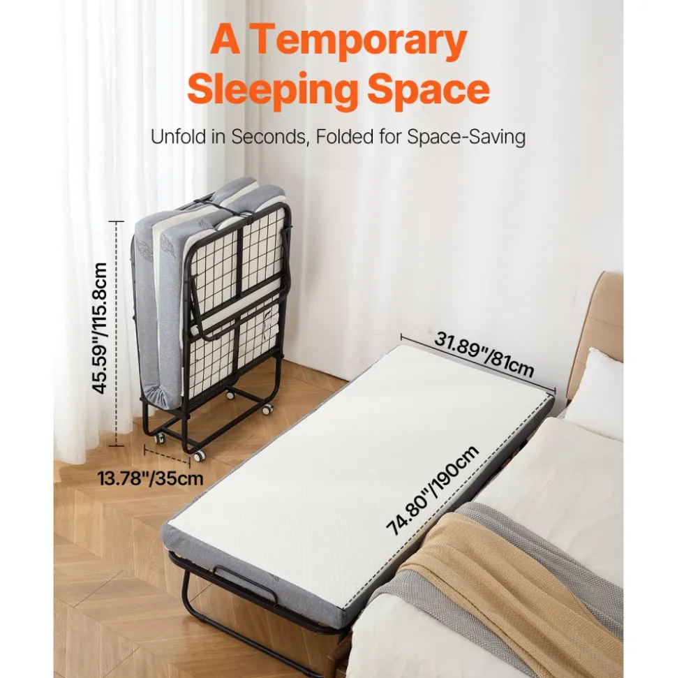 VEVOR Rollaway Bed, 31 in x 75 in Folding Bed with 5 in Mattress, Twin Size Foldable Bed with Sturdy Metal Frame & Memory Foam Mattress, Portable Twin Roll Away Bed with Mattress, for Adults, Guest