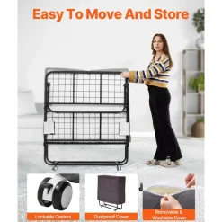 VEVOR Rollaway Bed, 38 in x 75 in Folding Bed with 4 in Mattress, Twin Size Foldable Bed with Sturdy Metal Frame & Memory Foam Mattress, Portable Twin Roll Away Bed with Mattress, for Adults, Guest