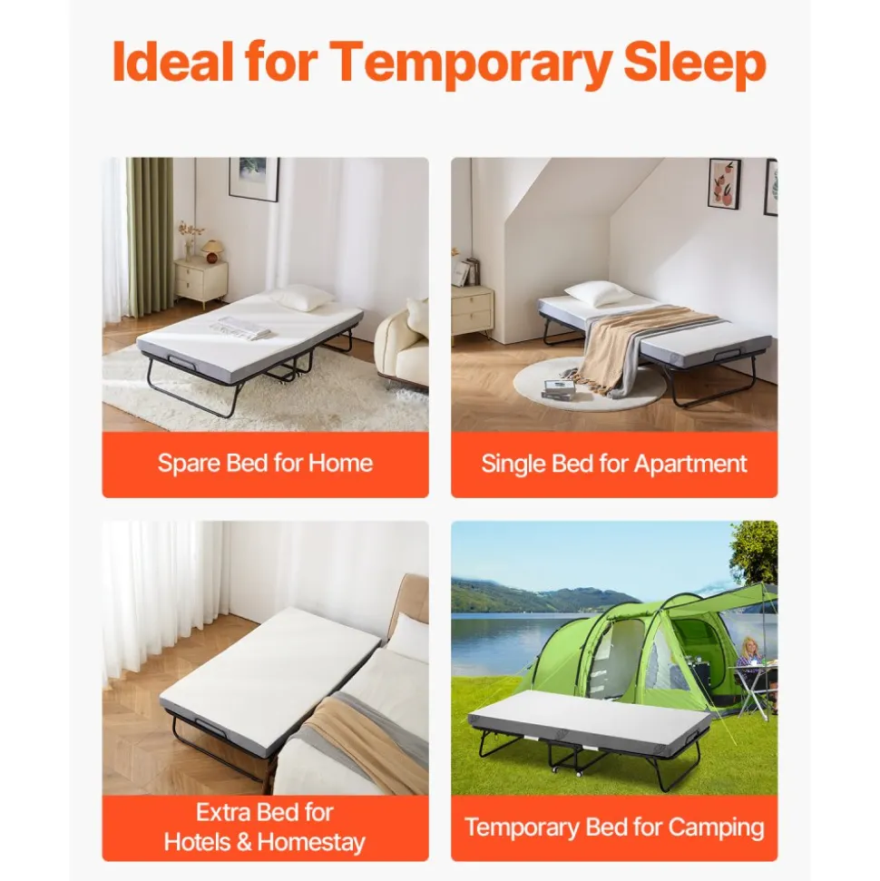 VEVOR Rollaway Bed, 38 in x 75 in Folding Bed with 4 in Mattress, Twin Size Foldable Bed with Sturdy Metal Frame & Memory Foam Mattress, Portable Twin Roll Away Bed with Mattress, for Adults, Guest