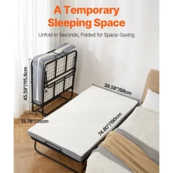 VEVOR Rollaway Bed, 38 in x 75 in Folding Bed with 4 in Mattress, Twin Size Foldable Bed with Sturdy Metal Frame & Memory Foam Mattress, Portable Twin Roll Away Bed with Mattress, for Adults, Guest