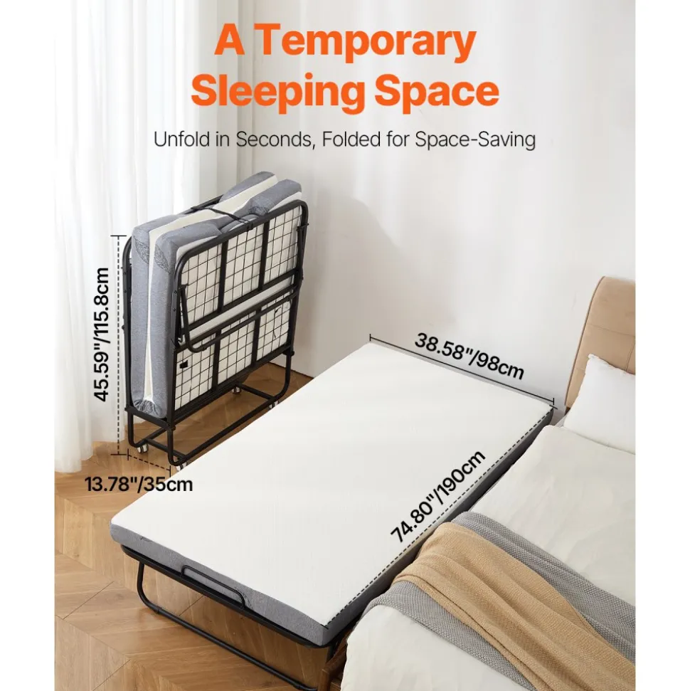 VEVOR Rollaway Bed, 38 in x 75 in Folding Bed with 4 in Mattress, Twin Size Foldable Bed with Sturdy Metal Frame & Memory Foam Mattress, Portable Twin Roll Away Bed with Mattress, for Adults, Guest