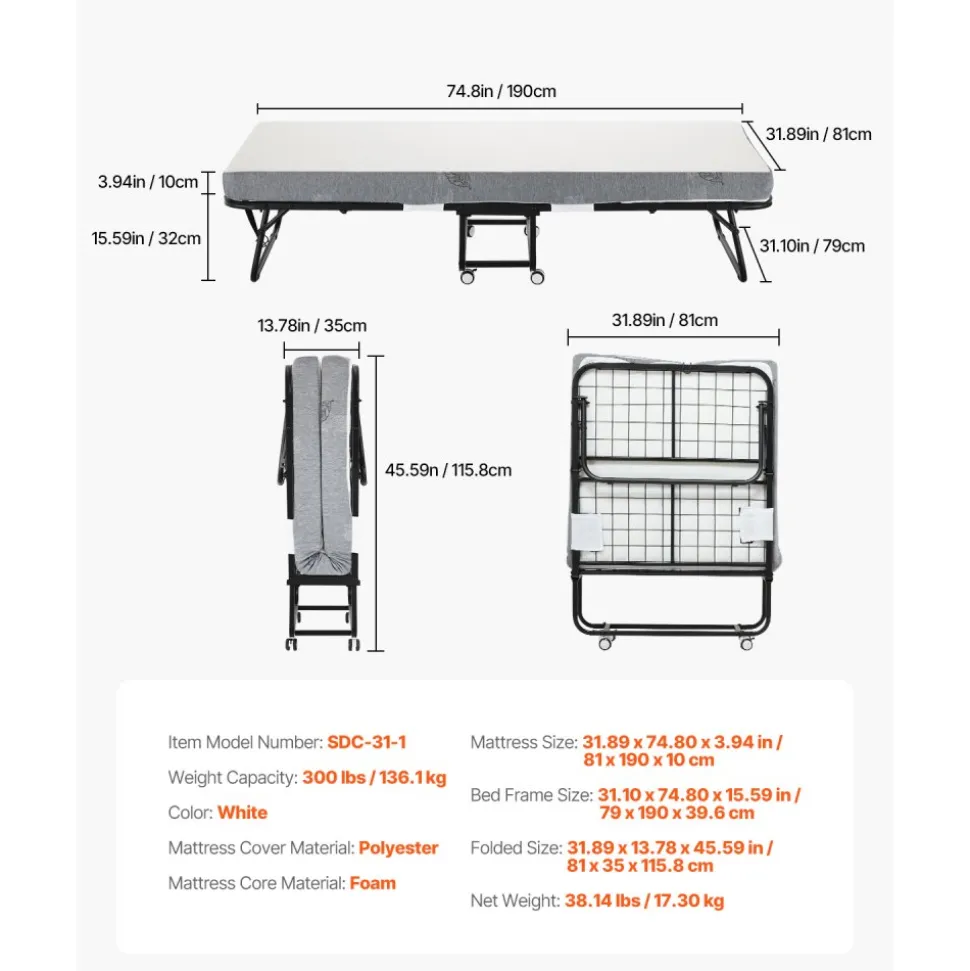 VEVOR Rollaway Bed, 31 in x 75 in Folding Bed with 4 in Mattress, Twin Size Foldable Bed with Sturdy Metal Frame & Memory Foam Mattress, Portable Twin Roll Away Bed with Mattress, for Adults, Guest