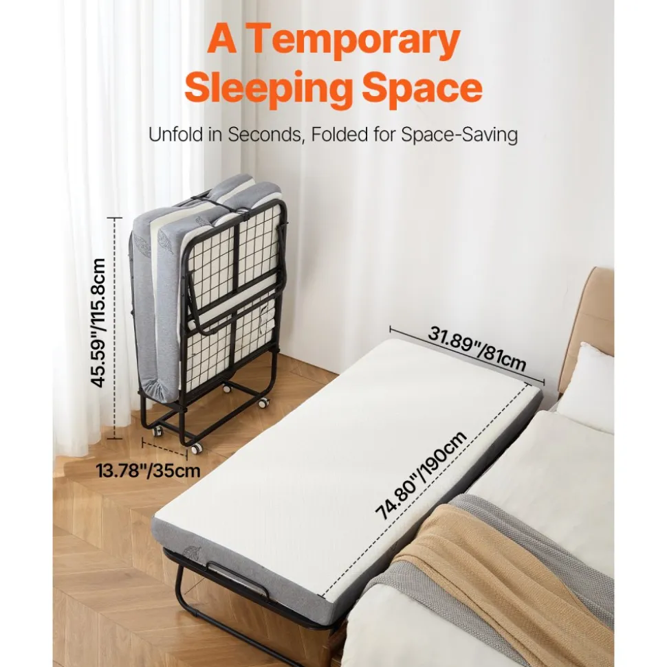 VEVOR Rollaway Bed, 31 in x 75 in Folding Bed with 4 in Mattress, Twin Size Foldable Bed with Sturdy Metal Frame & Memory Foam Mattress, Portable Twin Roll Away Bed with Mattress, for Adults, Guest