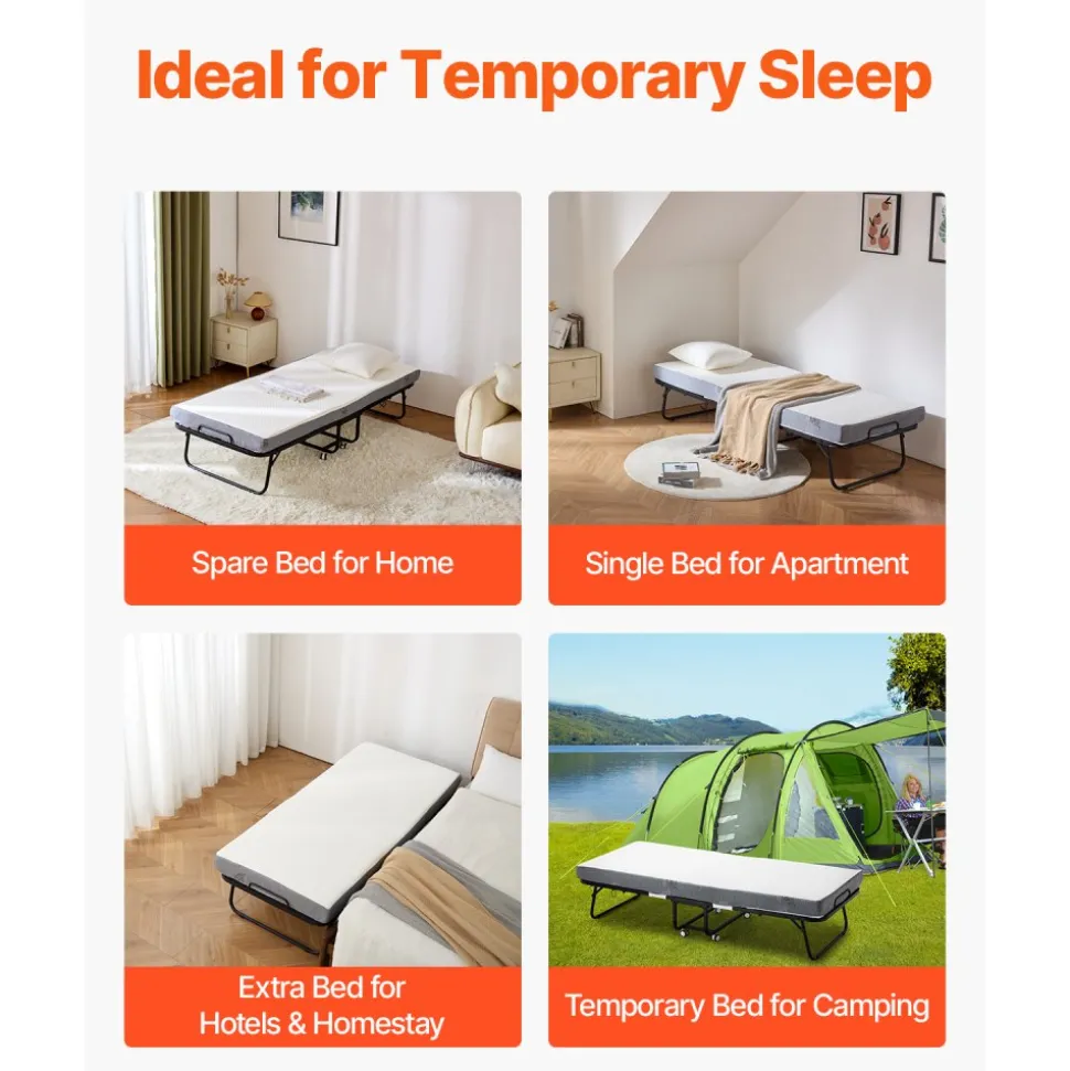 VEVOR Rollaway Bed, 31 in x 75 in Folding Bed with 4 in Mattress, Twin Size Foldable Bed with Sturdy Metal Frame & Memory Foam Mattress, Portable Twin Roll Away Bed with Mattress, for Adults, Guest