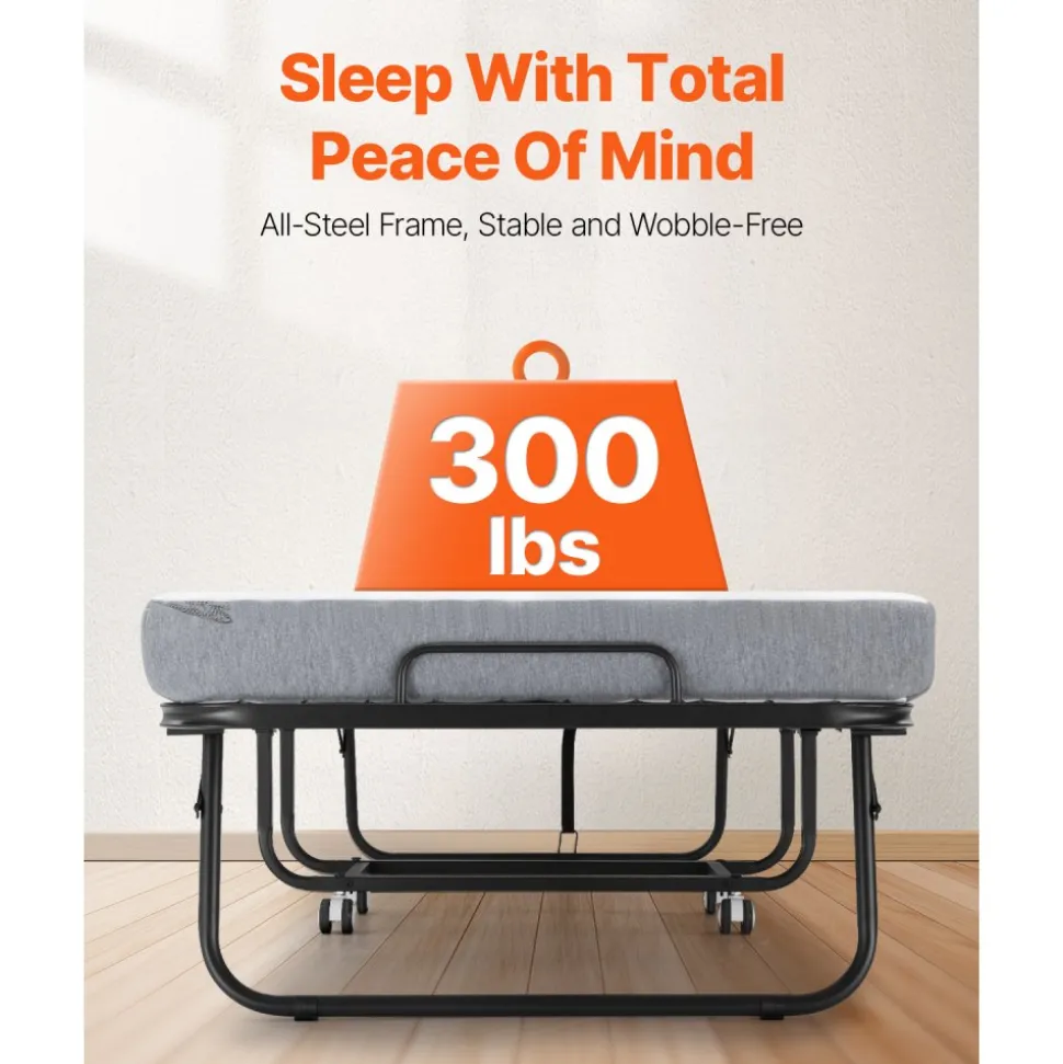 VEVOR Rollaway Bed, 31 in x 75 in Folding Bed with 4 in Mattress, Twin Size Foldable Bed with Sturdy Metal Frame & Memory Foam Mattress, Portable Twin Roll Away Bed with Mattress, for Adults, Guest